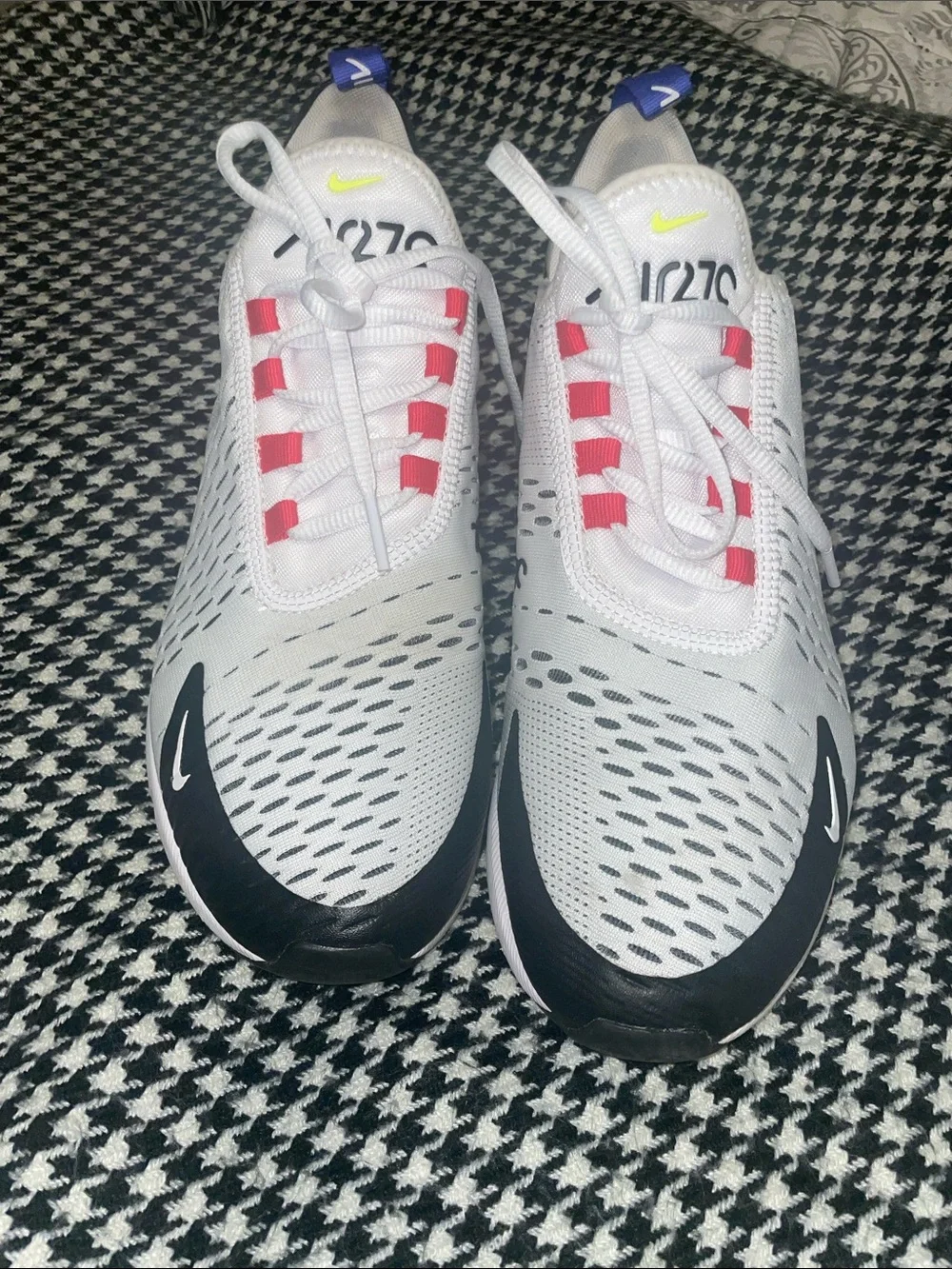 Nike Air Max 270 White Black Volt Shoes with Purple Pull Tab